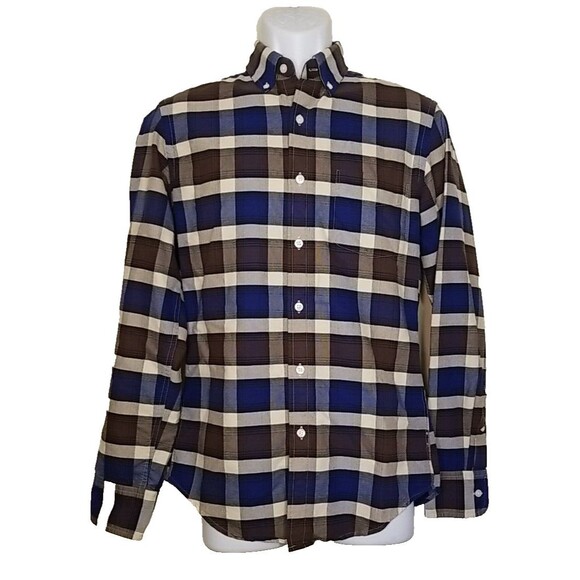 J Crew Shirt Mens Small Blue Brown Plaid Flannel Oxford Slim Fit Button Up   T41 - Picture 1 of 9